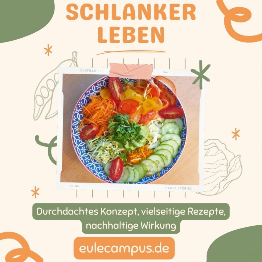 Ein Werbebild für den Kurs Schlanker Leben mit einer Schüssel verschiedener Salate.