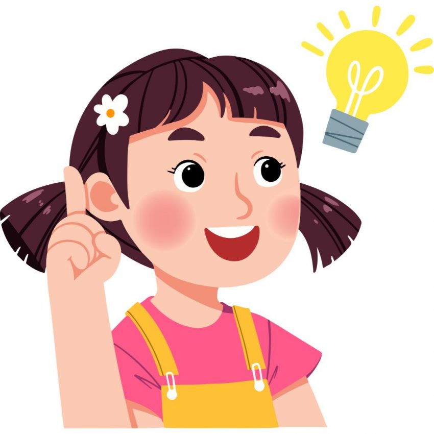 Zeichnung von einem schlauen Mädchen das einen Finger hebt mit einer leuchtenden Glühbirne neben dem Kopf.